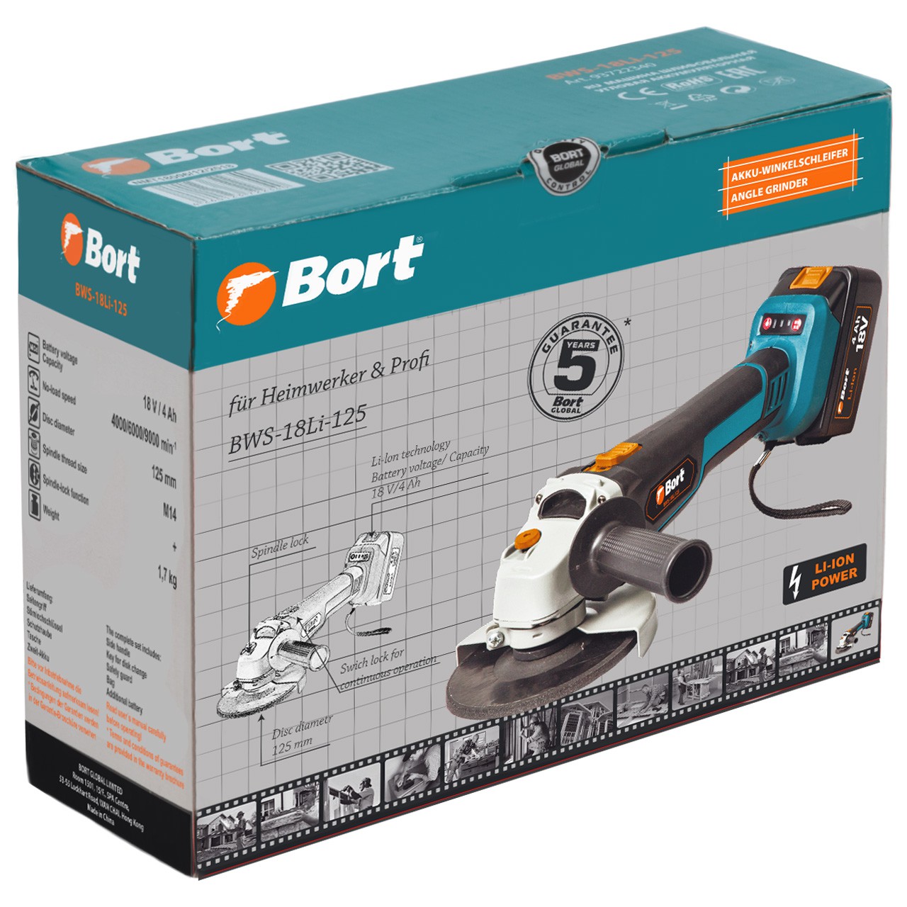 Углошлифмашина аккумуляторная Bort BWS-18Li-125