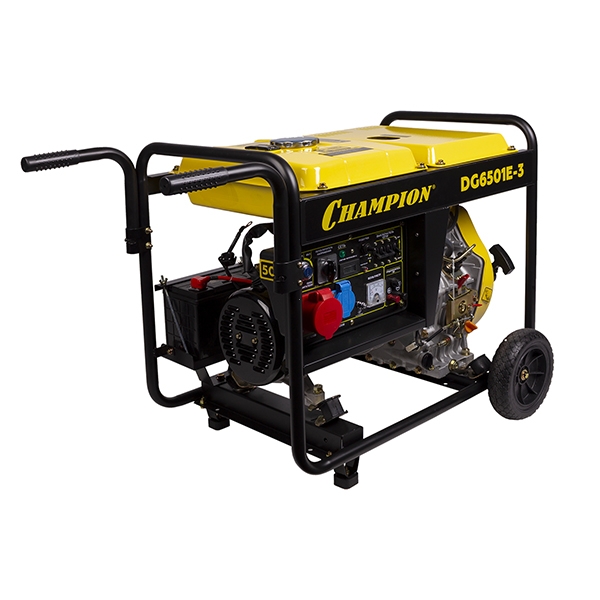 Генератор дизельный CHAMPION DG6501E-3, 6,2/6,8 кВт., 8,9 л.с.,бак 12,5 л., 1,7 л/ч, 12V., эл.старт,колеса, счетчик
