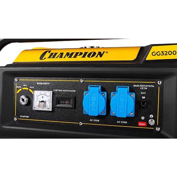 Генератор бензиновый Champion GG3200, 7,5 лс, 15 л, 3,2/3,5 кВт, эл.старт колеса, счетчик