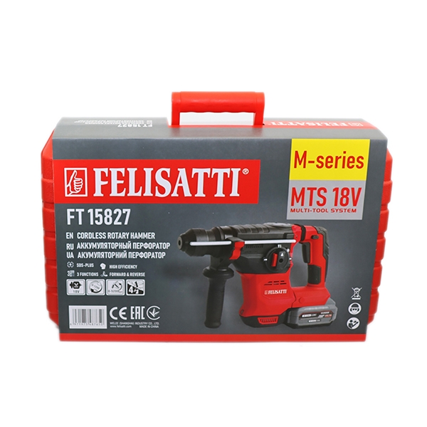 Аккумуляторный перфоратор Felisatti FT15827 26мм (кейс, 1 аккум. 4,0Ач, ЗУ 4А), 18В, 26 мм, 4 Дж, 0-5200 уд/мин, 0-1200 об/мин холостого хода
