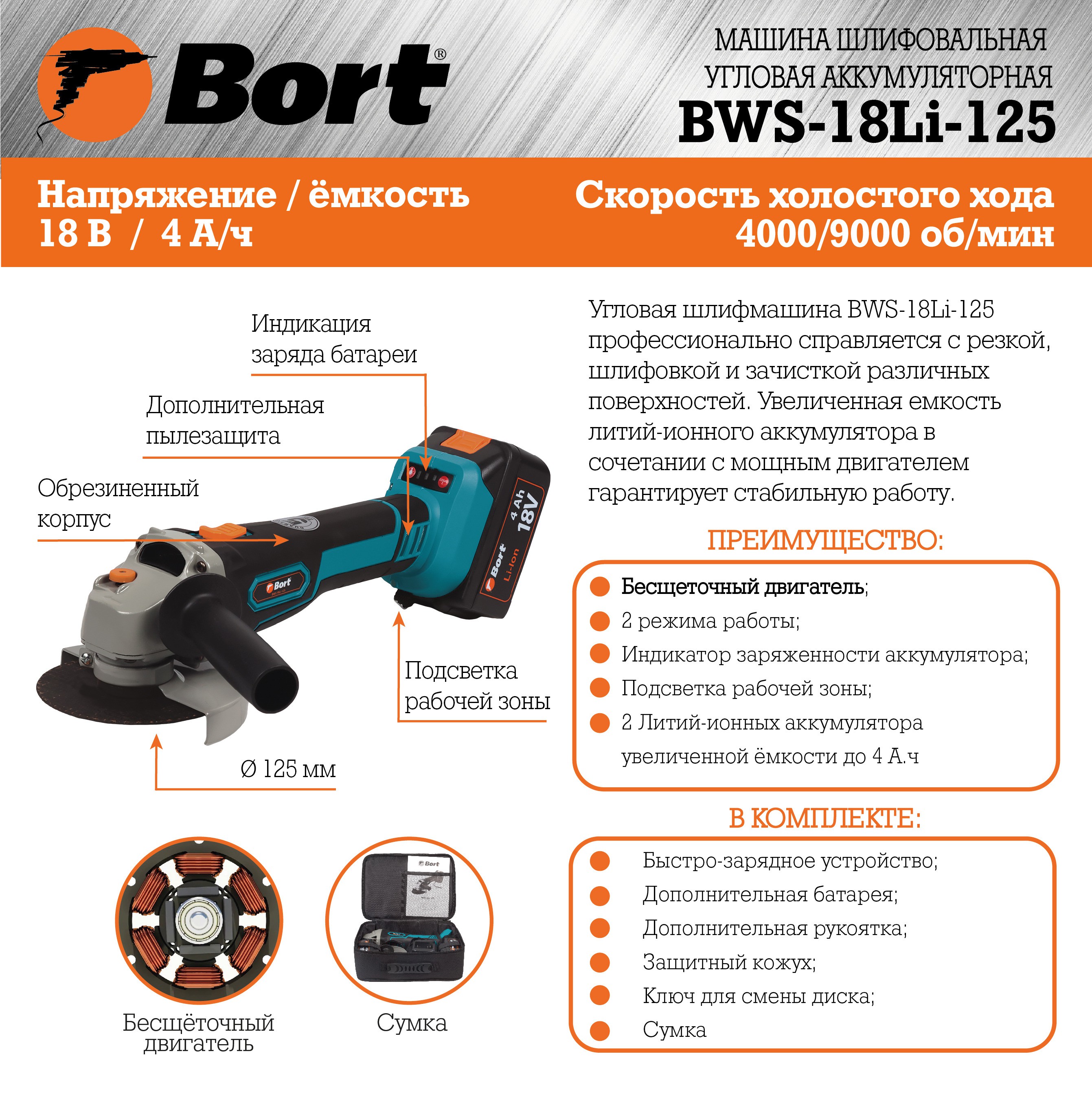 Углошлифмашина аккумуляторная Bort BWS-18Li-125