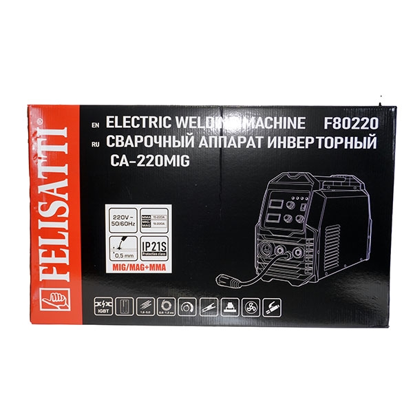 Сварочный аппарат инверторный Felisatti СА-220MIG, 20-220А,потр. 55,7 А /6100 Вт, ММА 20,8-27,2 В, 0,8-1,2 мм