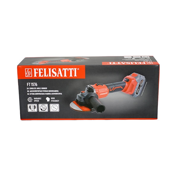 Аккумуляторная угловая шлифовальная машина Felisatti FT15767, 18 В, 125 мм, 3000-8500 об/мин, 1 аккум., 4,0 Ач, ЗУ 4А, кейс, М-серия