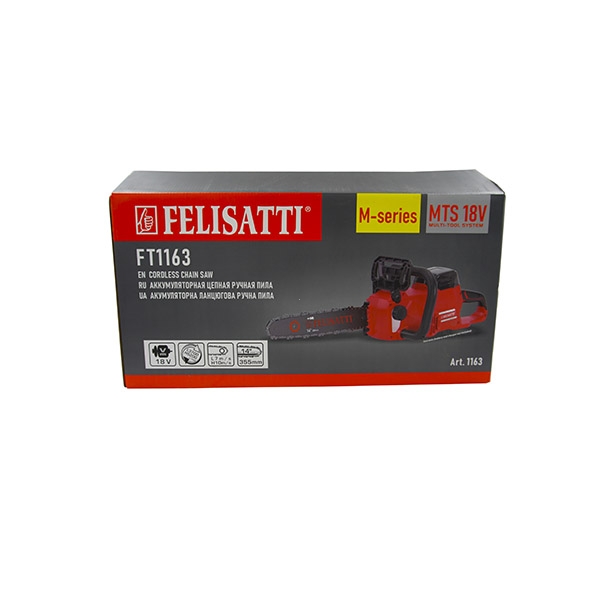 Аккумуляторная цепная пила FELISATTI FT1163. 18 В, шина 355 мм (14"), 3700/5200 об/мин (картон, без аккум.)