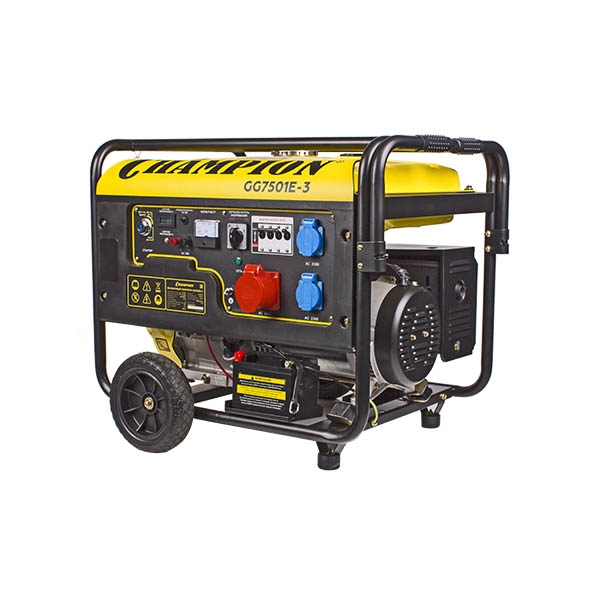 Генератор бензиновый Champion GG7501E-3, 380В, 7,5/8,1КВа, 16л.с., 25л, 2,5л/ч, 200/12В, эл.старт, колеса