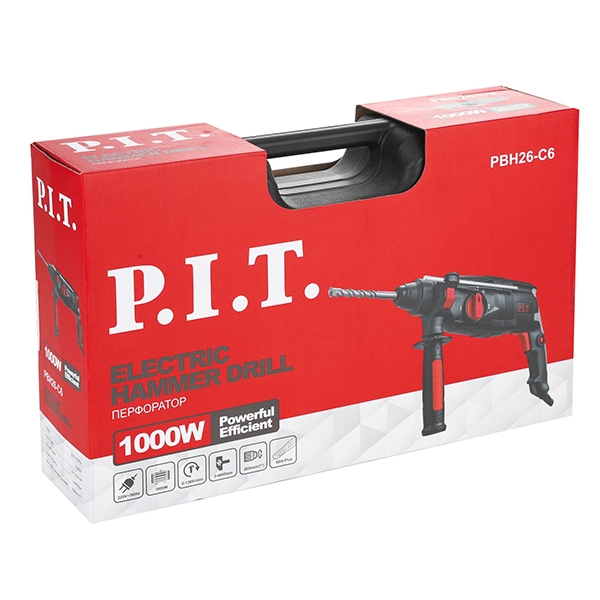 Перфоратор P.I.T. PBH26-C6, 3-реж. горизонт, 1000Вт. 3,2дж.SDS+ пласт.кейс, макс диам.бура 26мм