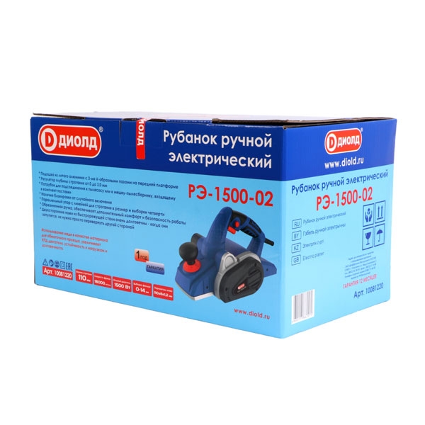 Рубанок ручной электрический ДИОЛД РЭ-1500-02, 1500 Вт, 15000 об/мин, 110 мм, 0-3,5 мм