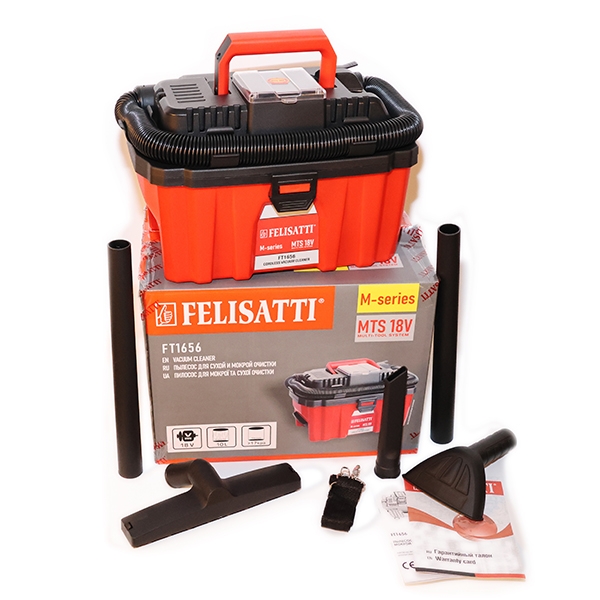Аккумуляторный пылесос Felisatti FT1656 (картон, без аккум.), 18 В, 14А, бак 10 л, 15 мбар, бесщеточный двигатель