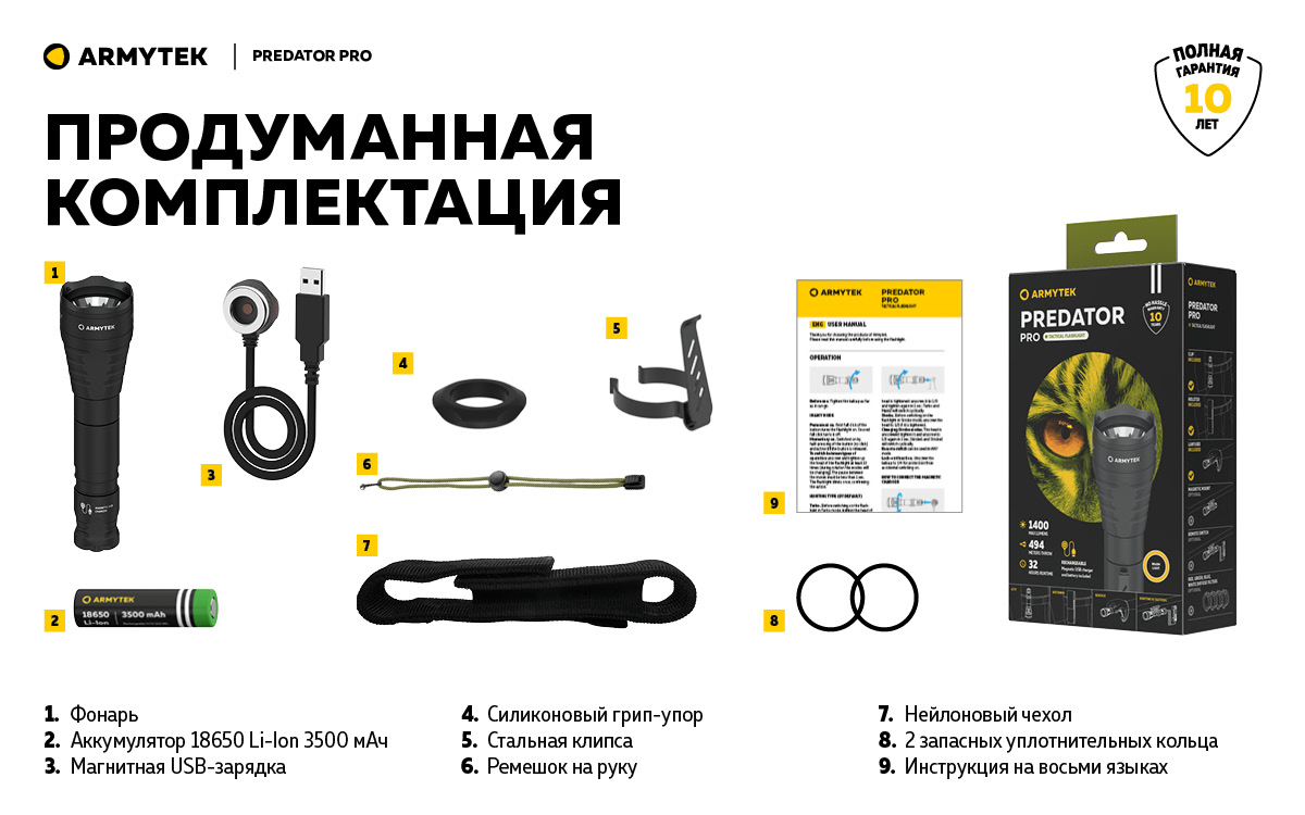 Фонарь Armytek Predator Pro Magnet USB Теплый