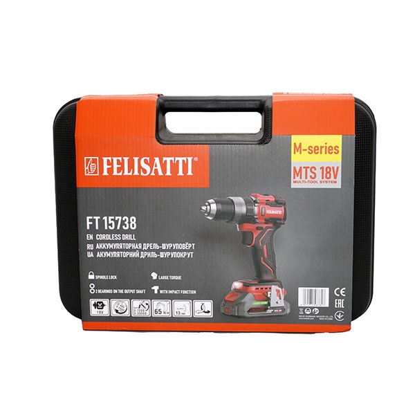 Аккумуляторная ударная дрель-шуруповерт Felisatti FT10888, 18 В, 0-7200/0-30000 уд/мин, 65 Нм, 2 аккум., 2,0 Ач, кейс, М-серия