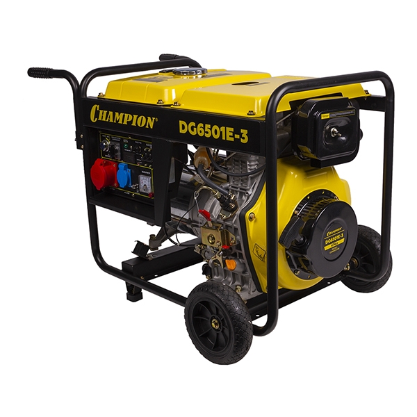 Генератор дизельный CHAMPION DG6501E-3, 6,2/6,8 кВт., 8,9 л.с.,бак 12,5 л., 1,7 л/ч, 12V., эл.старт,колеса, счетчик