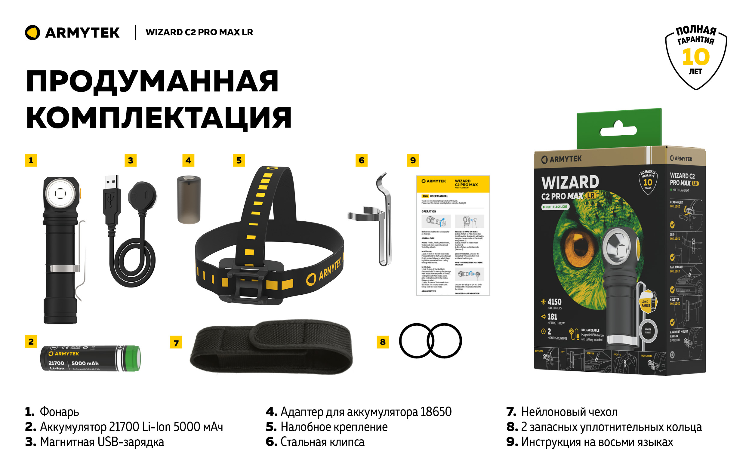 Фонарь Armytek Wizard C2 Pro Max Magnet USB LR