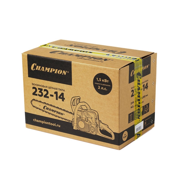 Бензиновая цепная пила Champion 232-14", 1,5 кВт, 31,8 см3, 14"-3/8-1,3-50E + подарок: масло для цепи 1л; свеча; цепь; масло для 2-тактных двигателей 0,1л.