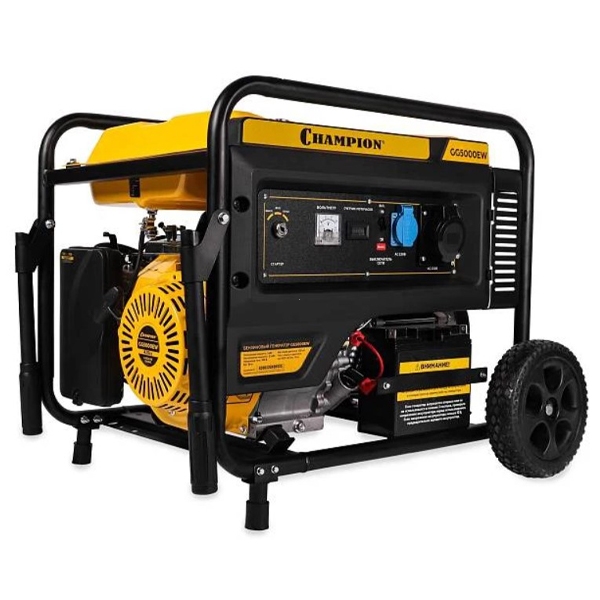 Генератор бензин. Champion GG5500EW, OHV 15 л.с., 25л, 5,0/5,5 кВт, эл.старт колеса